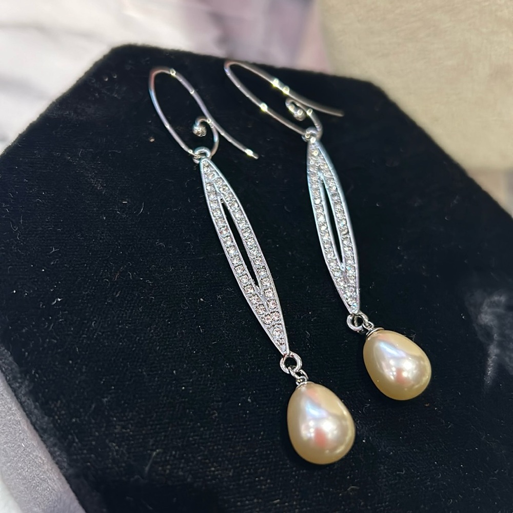 Elongated White Pearl & Cubic Zirconia Earrings-Boutique